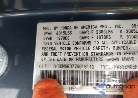 2007 Honda Accord 3.0 Lx из США, поврежденный, VIN 1HGCM66377A016112